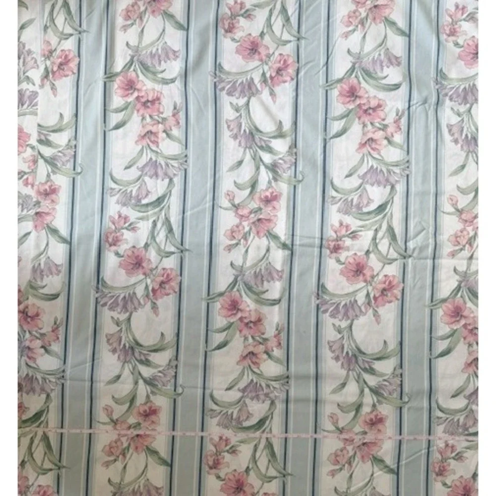 Vintage Full Size Flat Sheet with blue cottagecore shabby chic floral stripe
